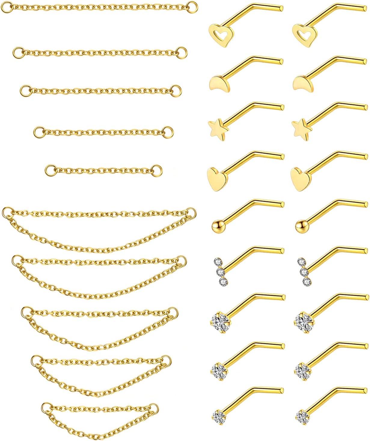 20G Stainless Steel Nose Ring Stud Nose Ring Chain Double Nose Stud Heart - QIAO CrystalQIAO CrystalQIAO Crystal