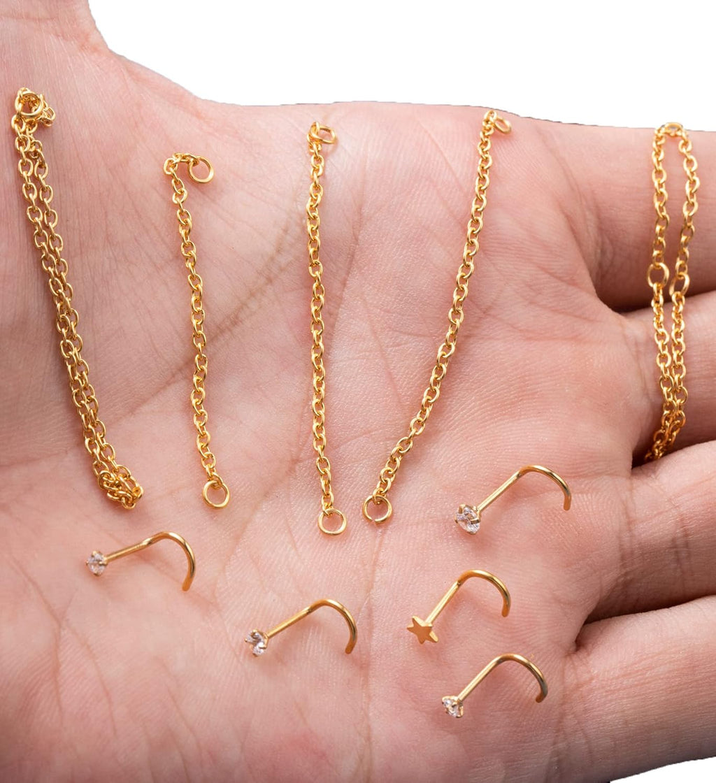 20G Stainless Steel Nose Ring Stud Nose Ring Chain Double Nose Stud Heart - QIAO CrystalQIAO CrystalQIAO Crystal