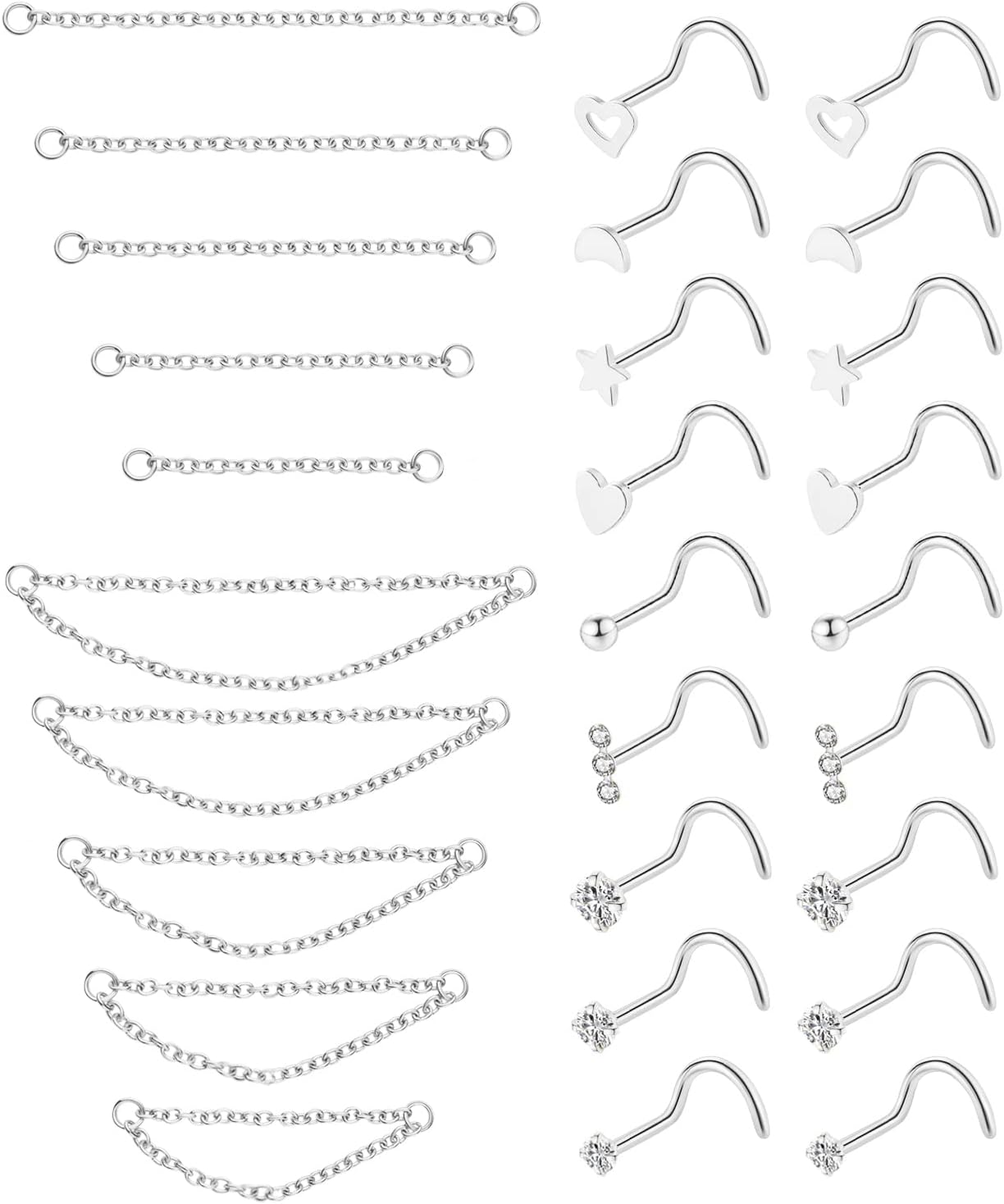20G Stainless Steel Nose Ring Stud Nose Ring Chain Double Nose Stud Heart - QIAO CrystalQIAO CrystalQIAO Crystal