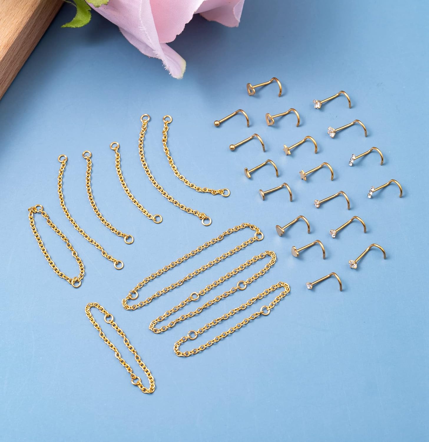 20G Stainless Steel Nose Ring Stud Nose Ring Chain Double Nose Stud Heart - QIAO CrystalQIAO CrystalQIAO Crystal