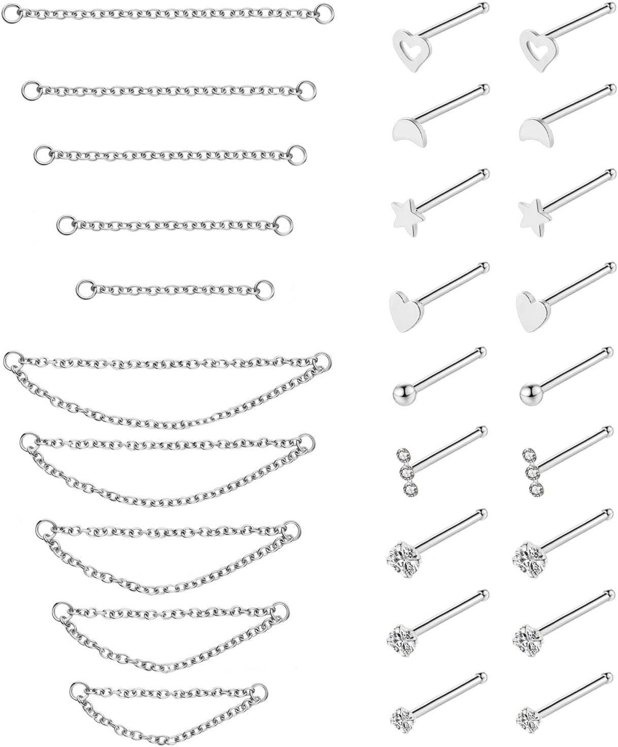 20G Stainless Steel Nose Ring Stud Nose Ring Chain Double Nose Stud Heart - QIAO CrystalQIAO CrystalQIAO Crystal