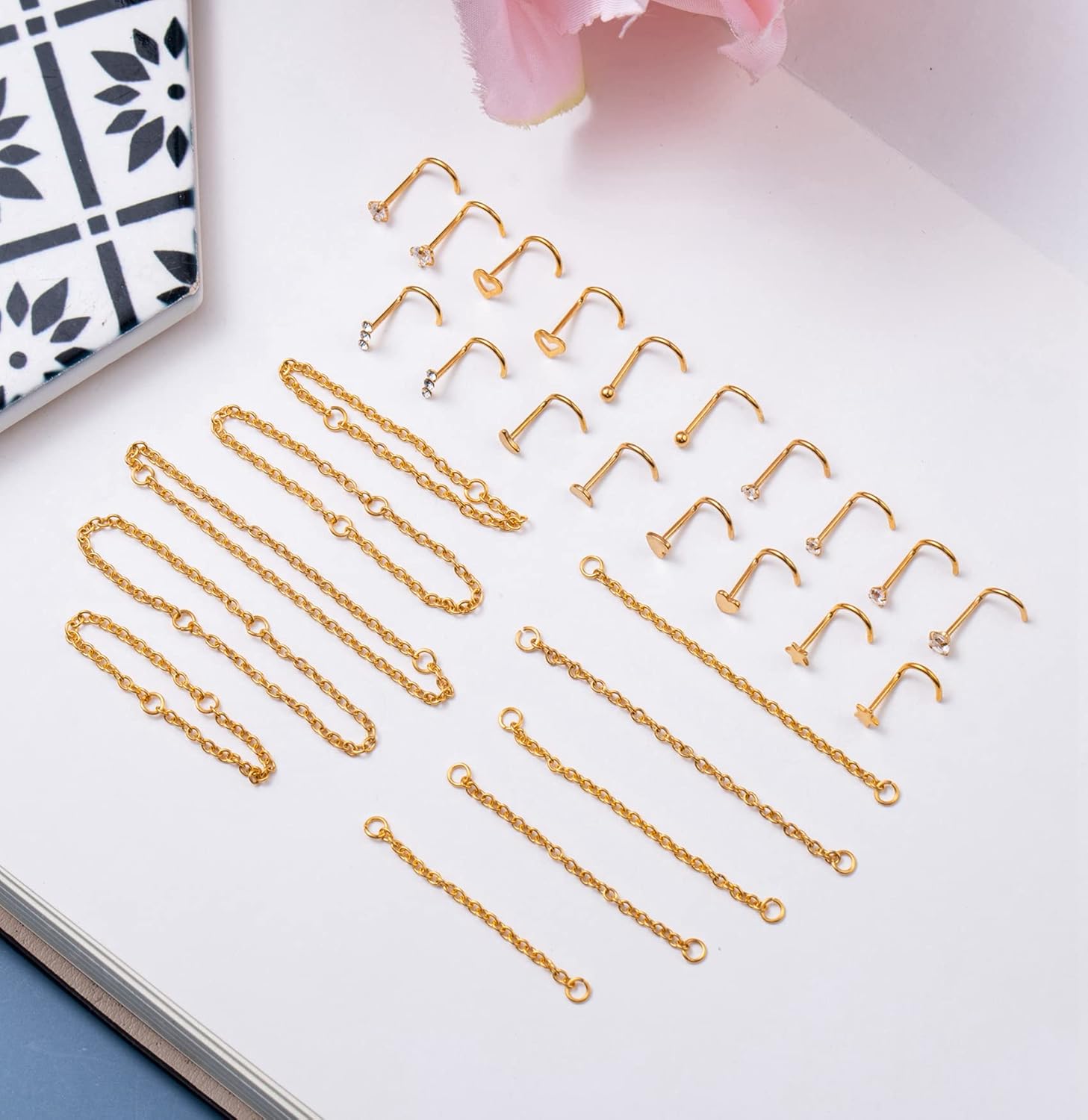 20G Stainless Steel Nose Ring Stud Nose Ring Chain Double Nose Stud Heart - QIAO CrystalQIAO CrystalQIAO Crystal