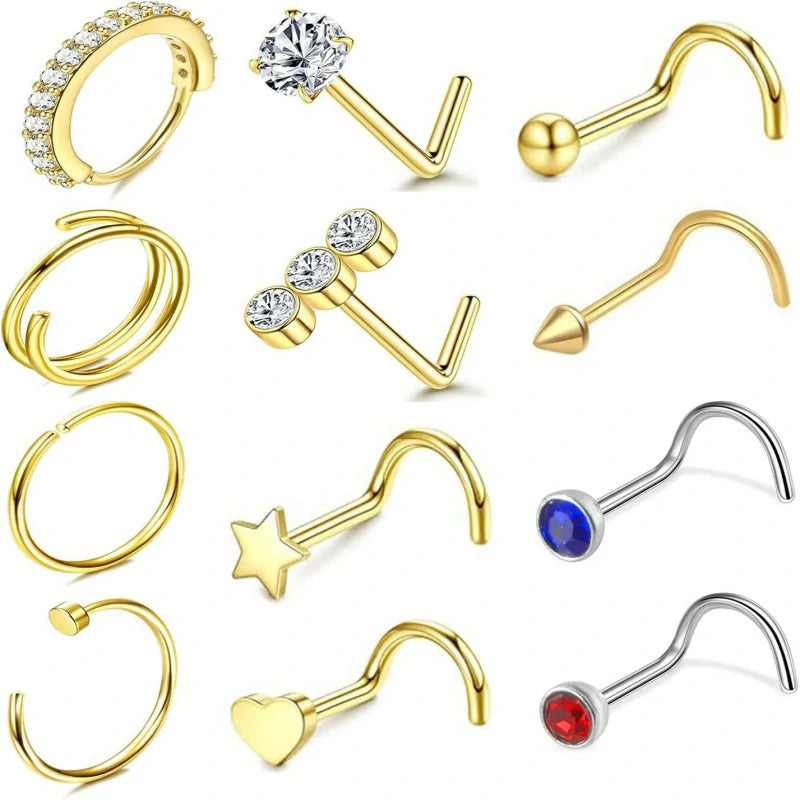 Gold-Tone CZ 20G Surgical Stainless Steel Nose Rings Hoops