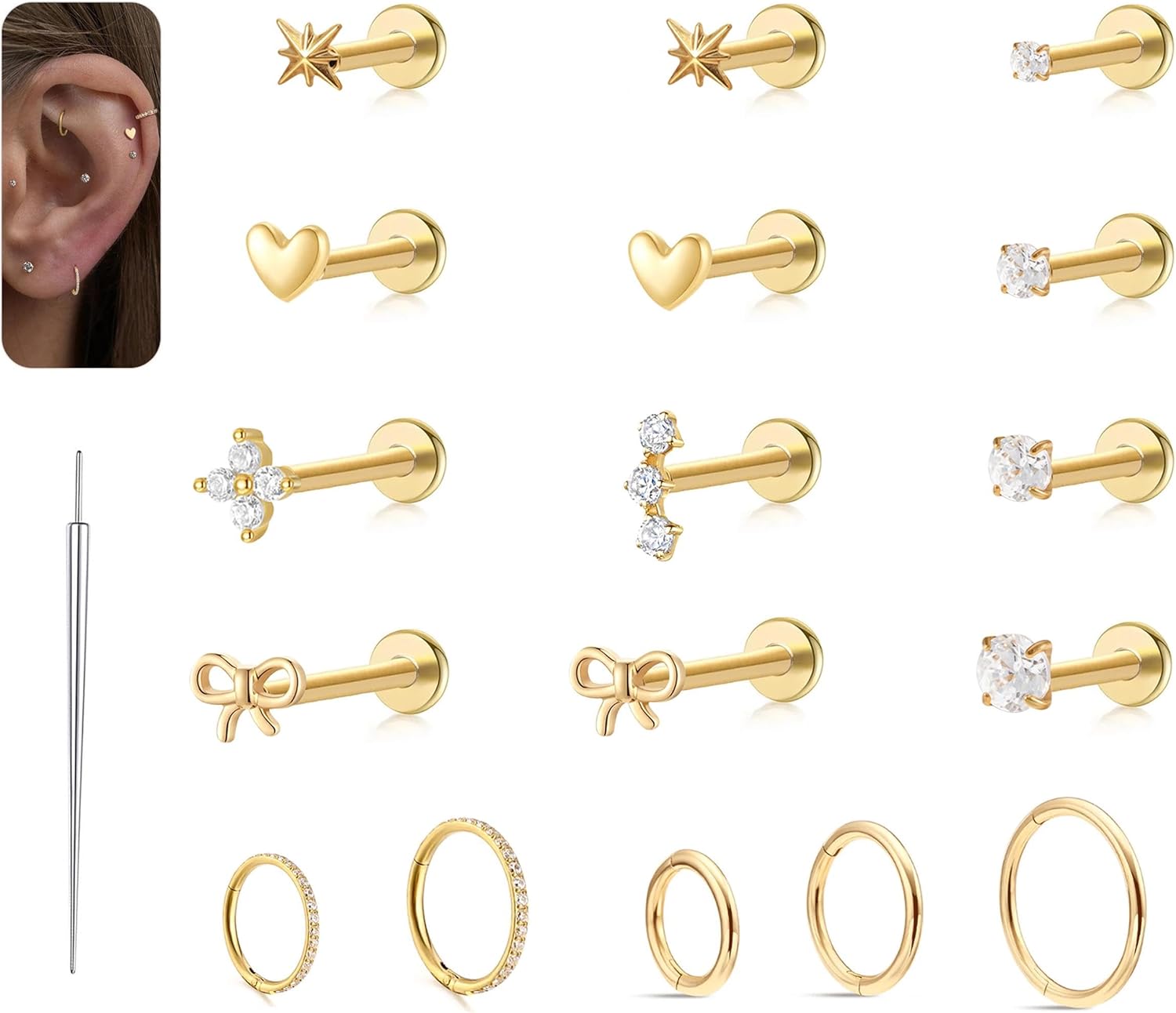 20G/18G/16G Flat Back Earrings Tiny artilage Earring Threadless Tragus Helix Stud Conch Piercing Jewelry - QIAO CrystalQIAO CrystalQIAO Crystal