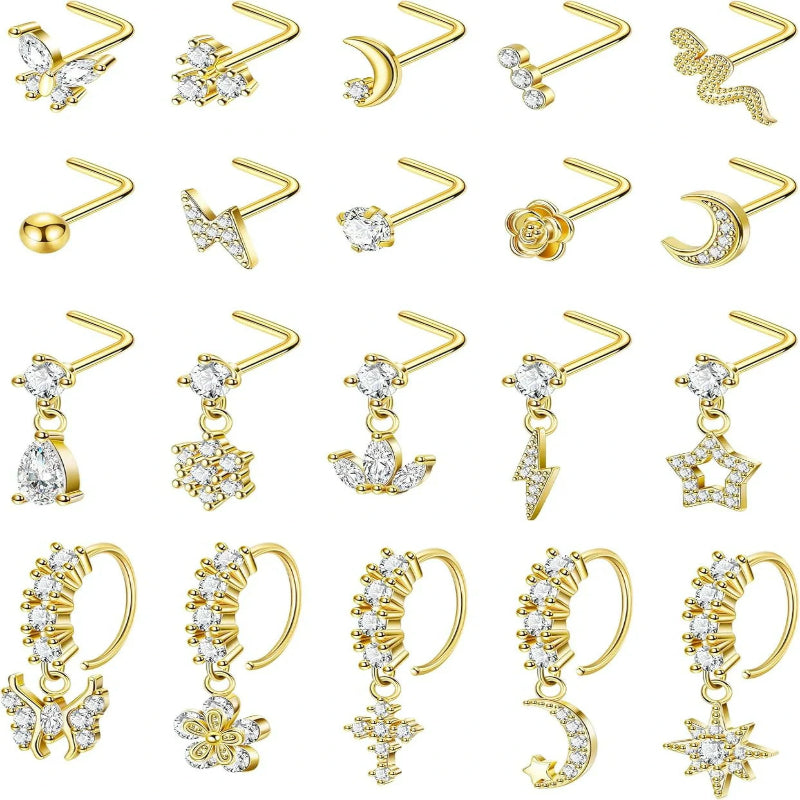 20PCS 20G Surgical Steel Dangle Nose Rings for Women L Shaped Nose Studs Dangling