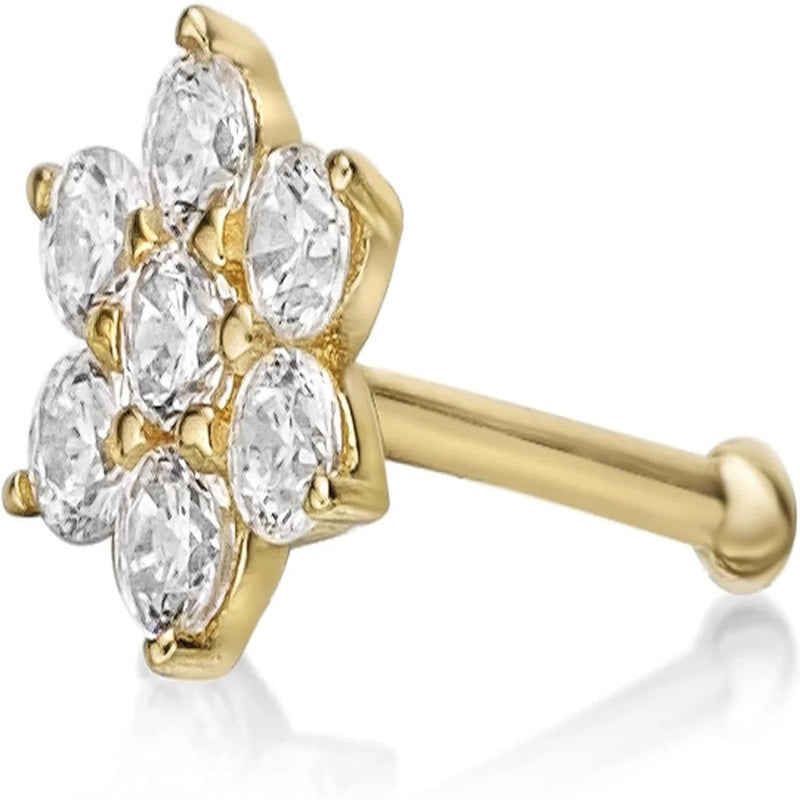 22 Gauge Straight Bone Flower Nose Stud 14k White or Yellow Gold 4.5mm Cubic Zirconia Nose Ring