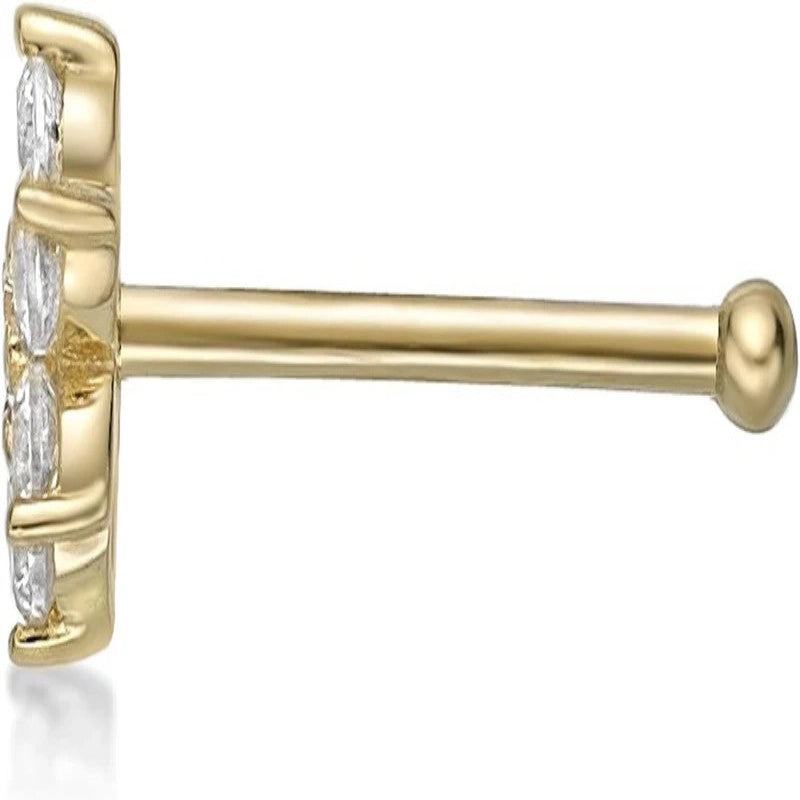 22 Gauge Straight Bone Flower Nose Stud 14k White or Yellow Gold 4.5mm Cubic Zirconia Nose Ring