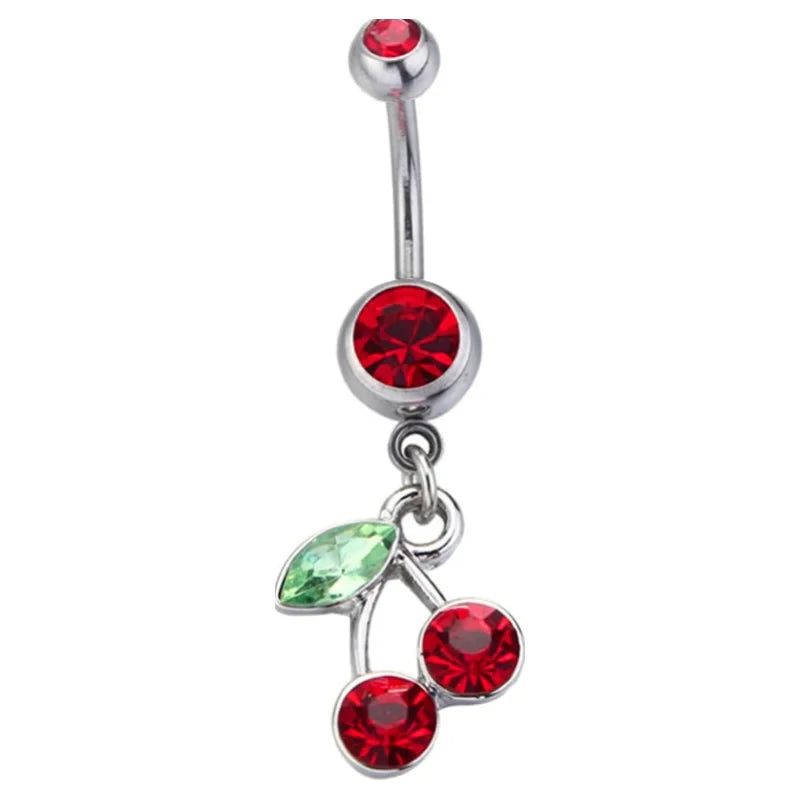 Belly Button Rings 14G 316L Surgical Steel Cute Cherry Dangle Cubic Zirconia Navel Piercing Jewelry