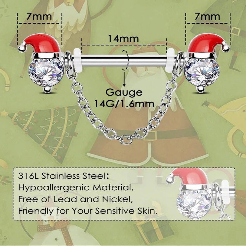 2PCS Christmas Nipple Piercing Jewelry Surgical Steel, Santa Claus Chain
