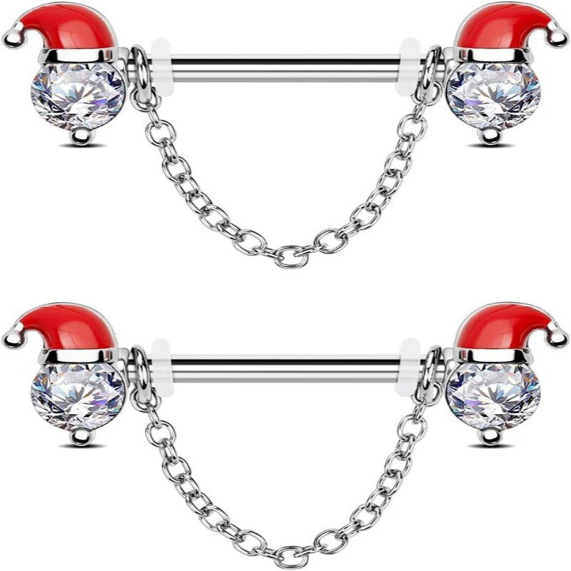 2PCS Christmas Nipple Piercing Jewelry Surgical Steel, Santa Claus Chain