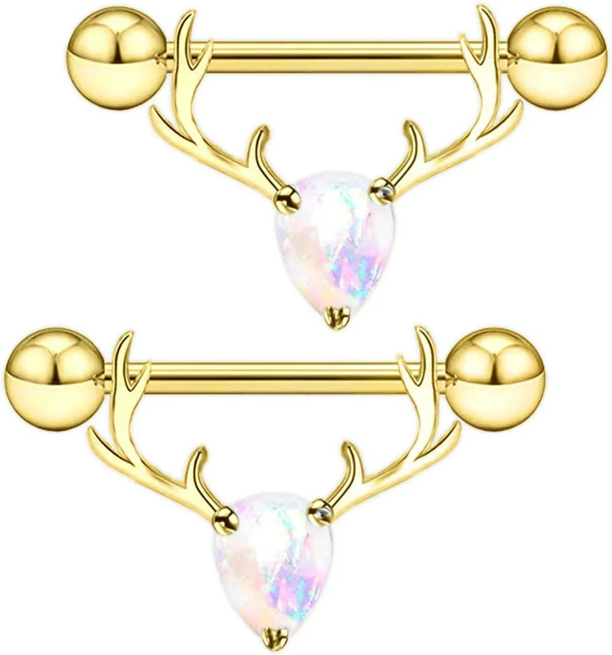 2PCS 14G 316L Stainless Steel Opal Nipple Rings Deer Head Nipple Barbell Nipple Piercings