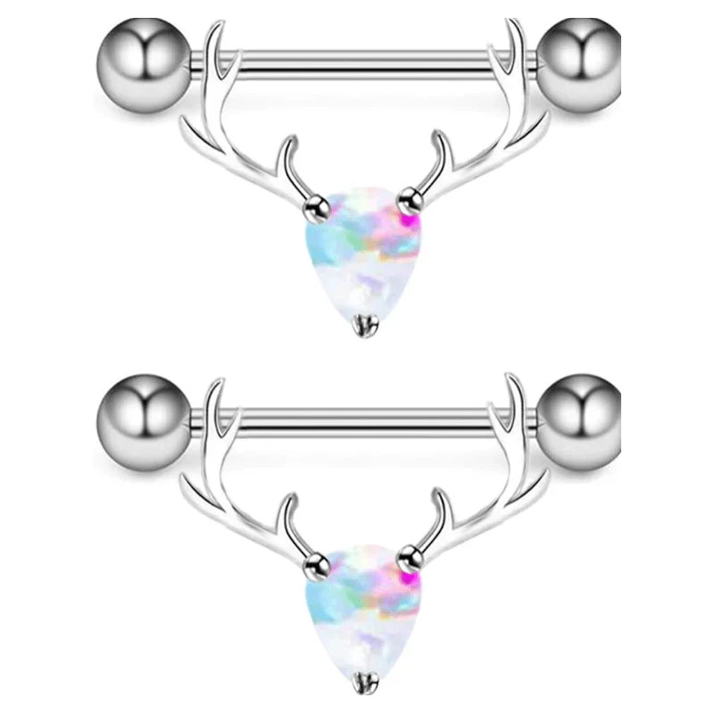2PCS 14G 316L Stainless Steel Opal Nipple Rings Deer Head Nipple Barbell Nipple Piercings