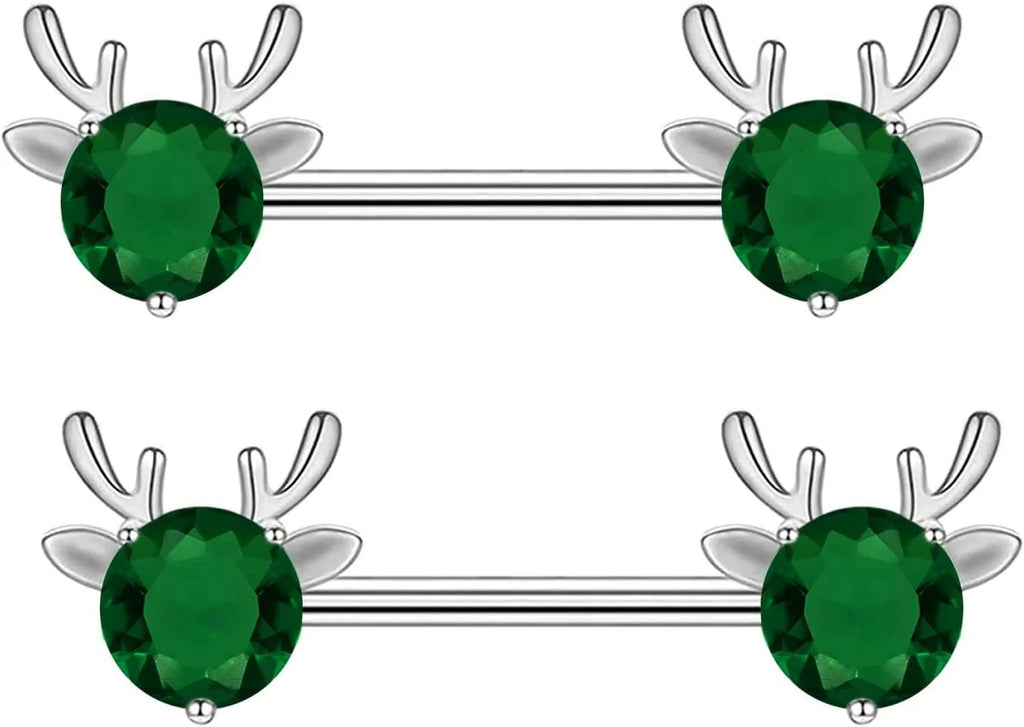 2PCS 14G 316L Stainless Steel Opal Nipple Rings Deer Head Nipple Barbell Nipple Piercings
