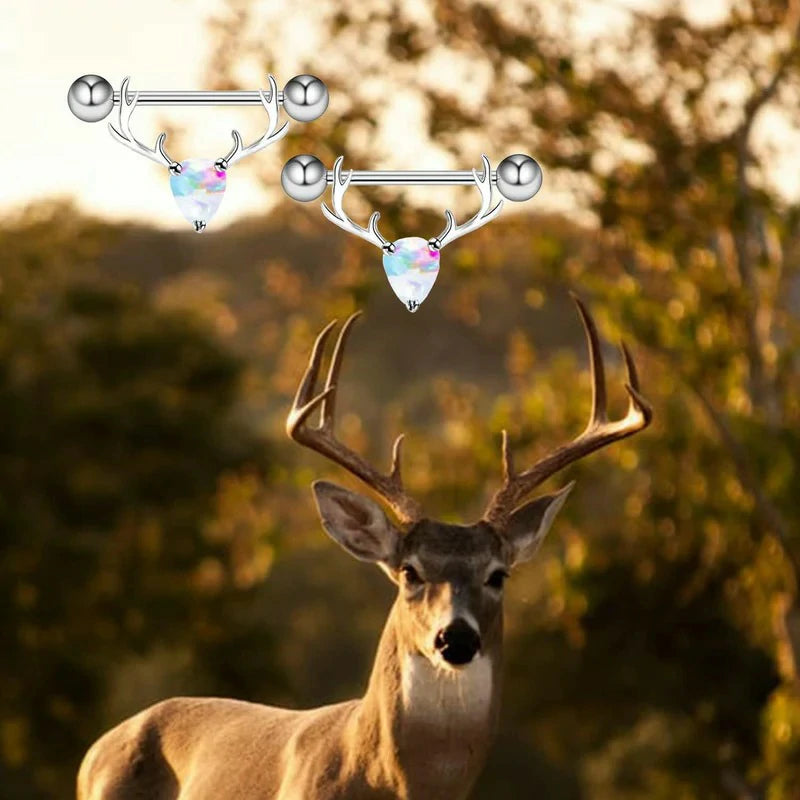 2PCS 14G 316L Stainless Steel Opal Nipple Rings Deer Head Nipple Barbell Nipple Piercings