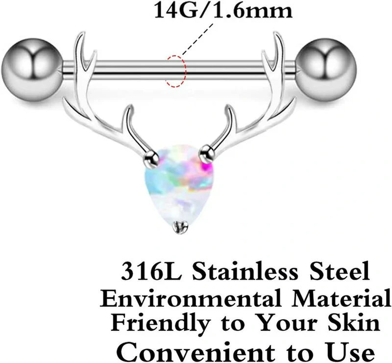 2PCS 14G 316L Stainless Steel Opal Nipple Rings Deer Head Nipple Barbell Nipple Piercings