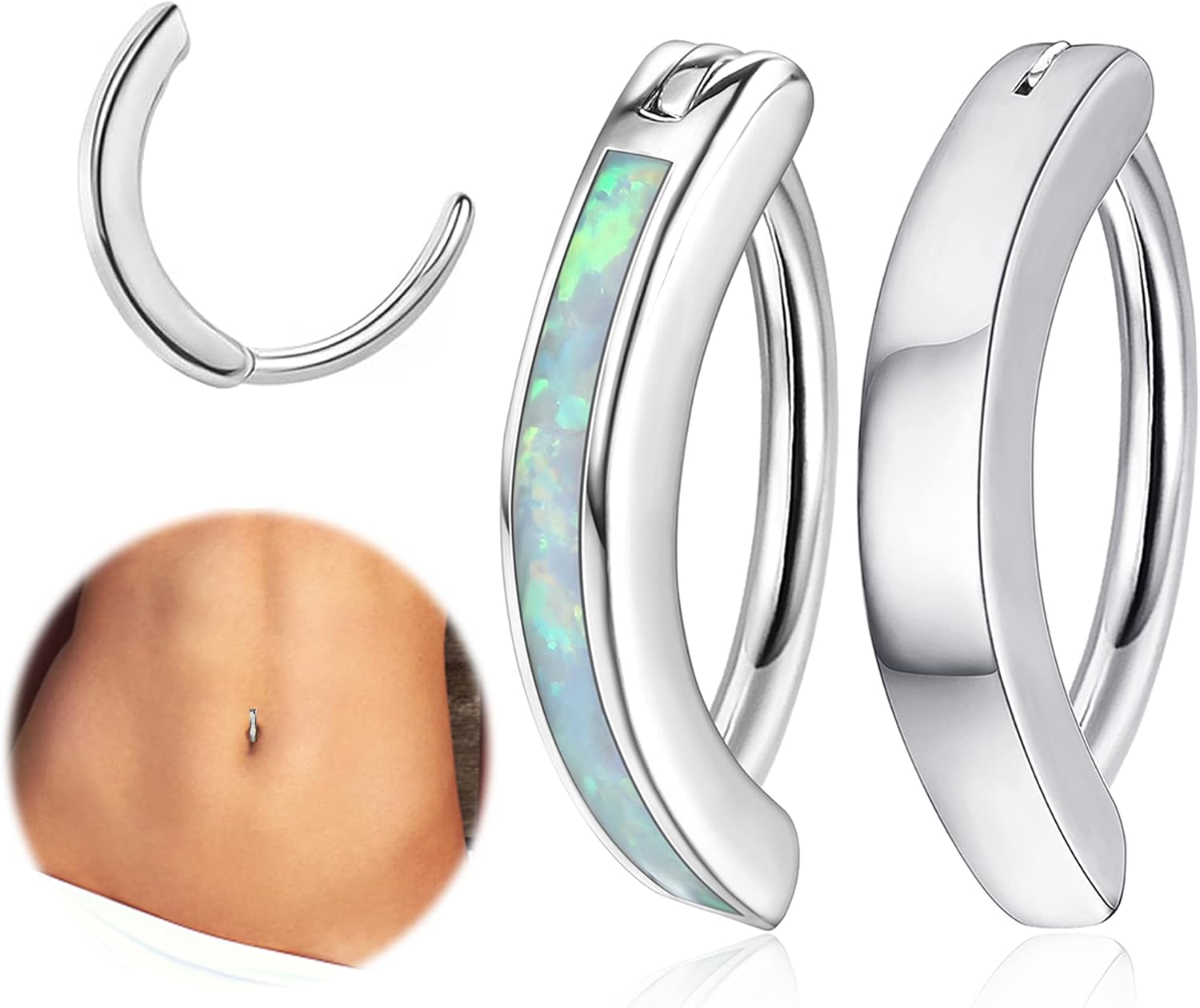 2Pcs 14G Clicker Belly Button Ring for Women Surgical Steel CZ Opal Belly Ring Simple Reverse Navel Rings Body Jewelry - 我的商店我的商店我的商店