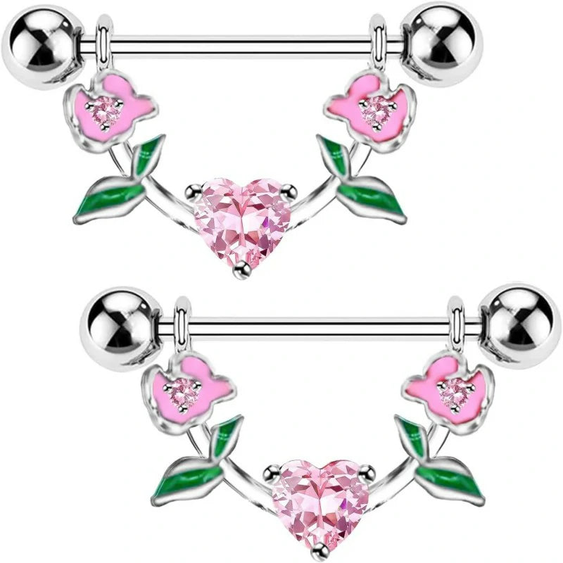 2pcs 14G Nipple Rings Flower Nipple Bars Surgial Steel 316L Nipple Piercing Jewelry Heart Nipple Barbell