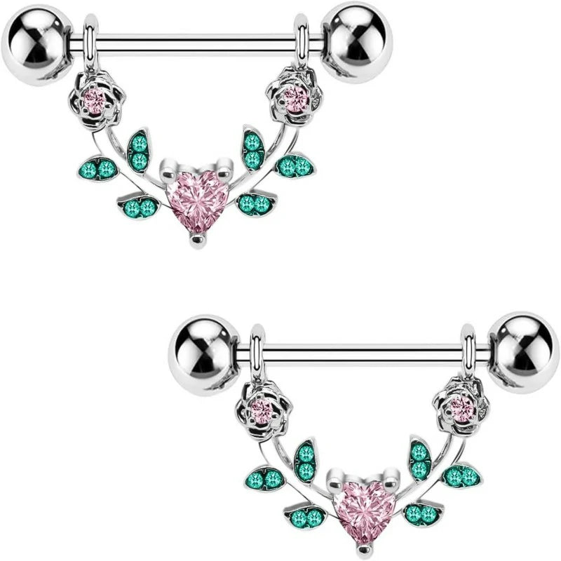 2pcs 14G Nipple Rings Flower Nipple Bars Surgial Steel 316L Nipple Piercing Jewelry Heart Nipple Barbell