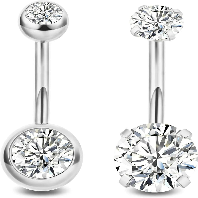 2PCS 14G Surgical Steel Belly Button Rings Round CZ Navel Ring Long Belly Rings