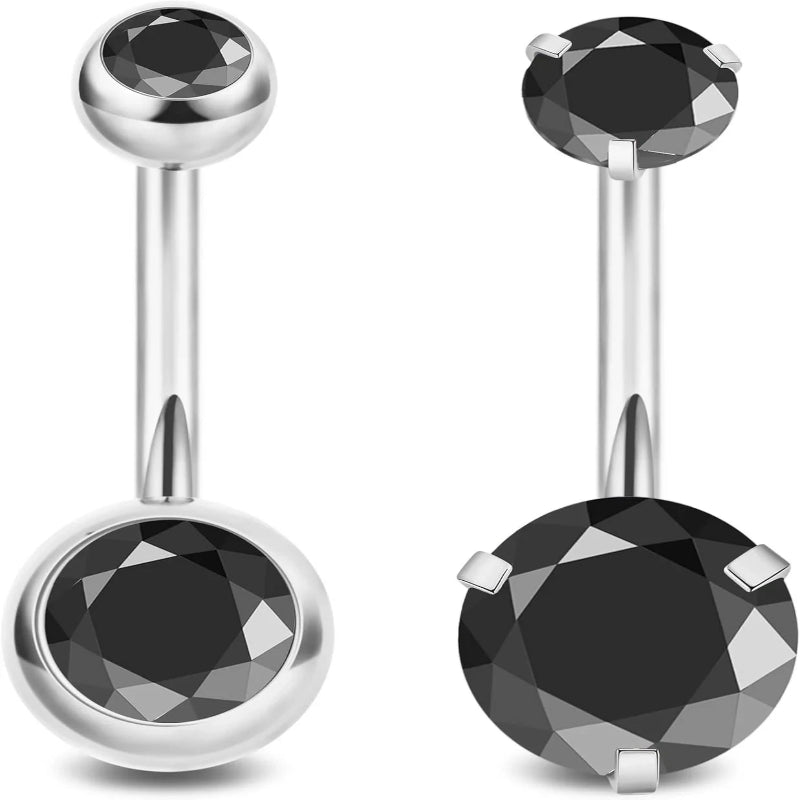 2PCS 14G Surgical Steel Belly Button Rings Round CZ Navel Ring Long Belly Rings