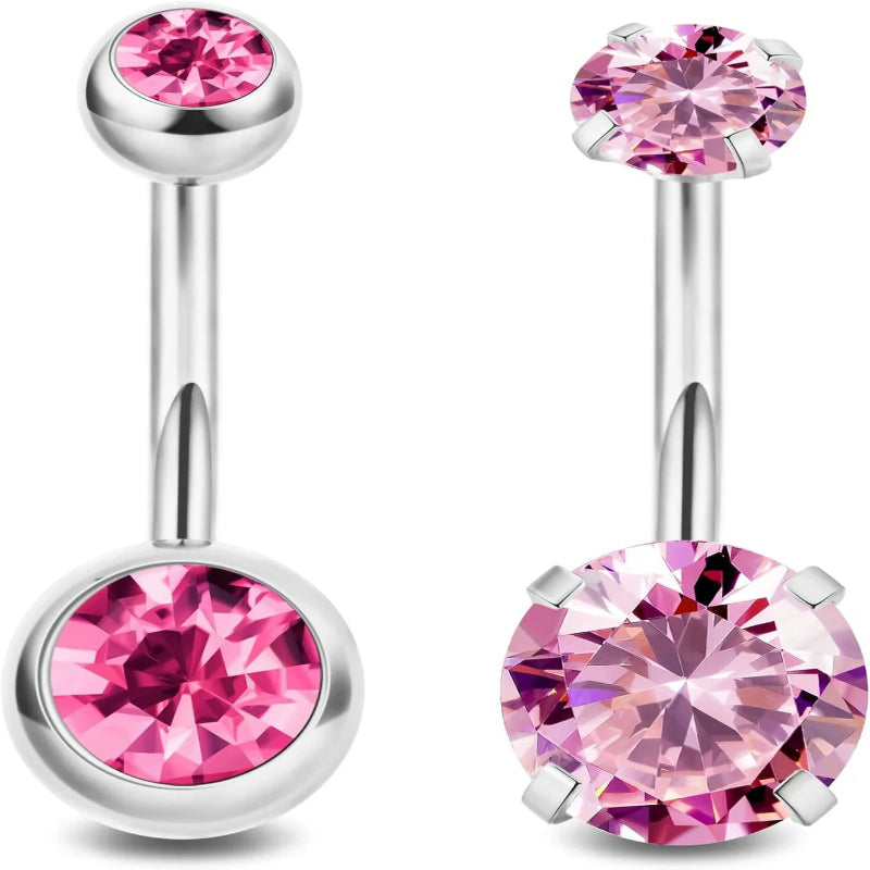 2PCS 14G Surgical Steel Belly Button Rings Round CZ Navel Ring Long Belly Rings