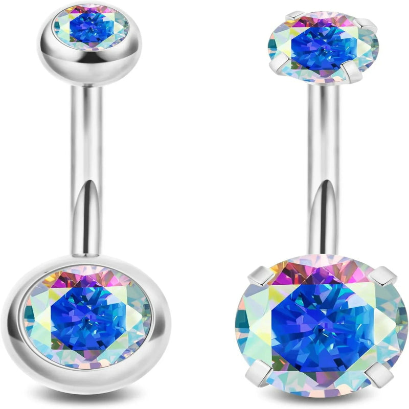 2PCS 14G Surgical Steel Belly Button Rings Round CZ Navel Ring Long Belly Rings