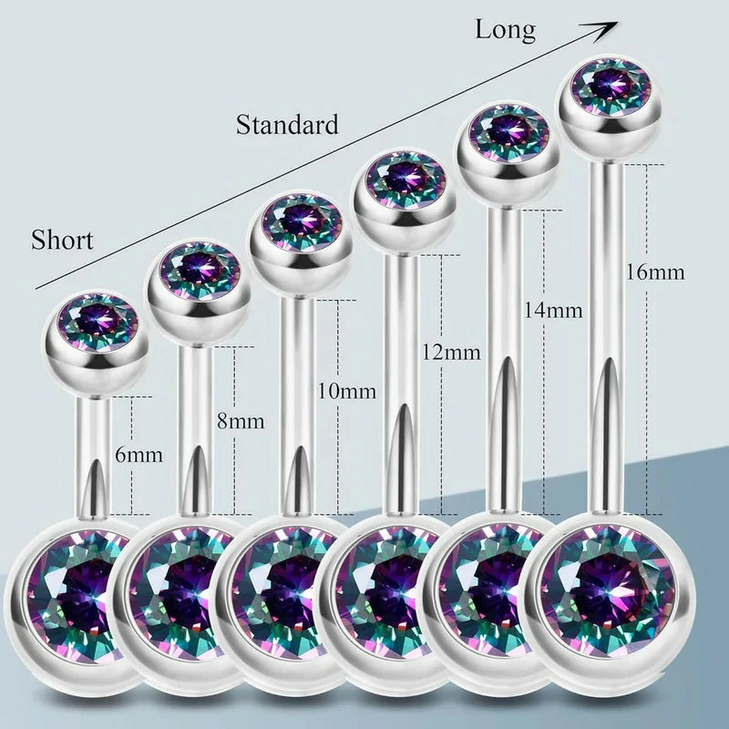 2PCS 14G Surgical Steel Belly Button Rings Round CZ Navel Ring Long Belly Rings