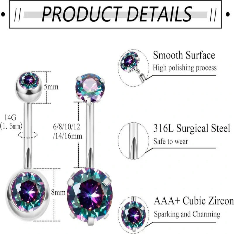2PCS 14G Surgical Steel Belly Button Rings Round CZ Navel Ring Long Belly Rings