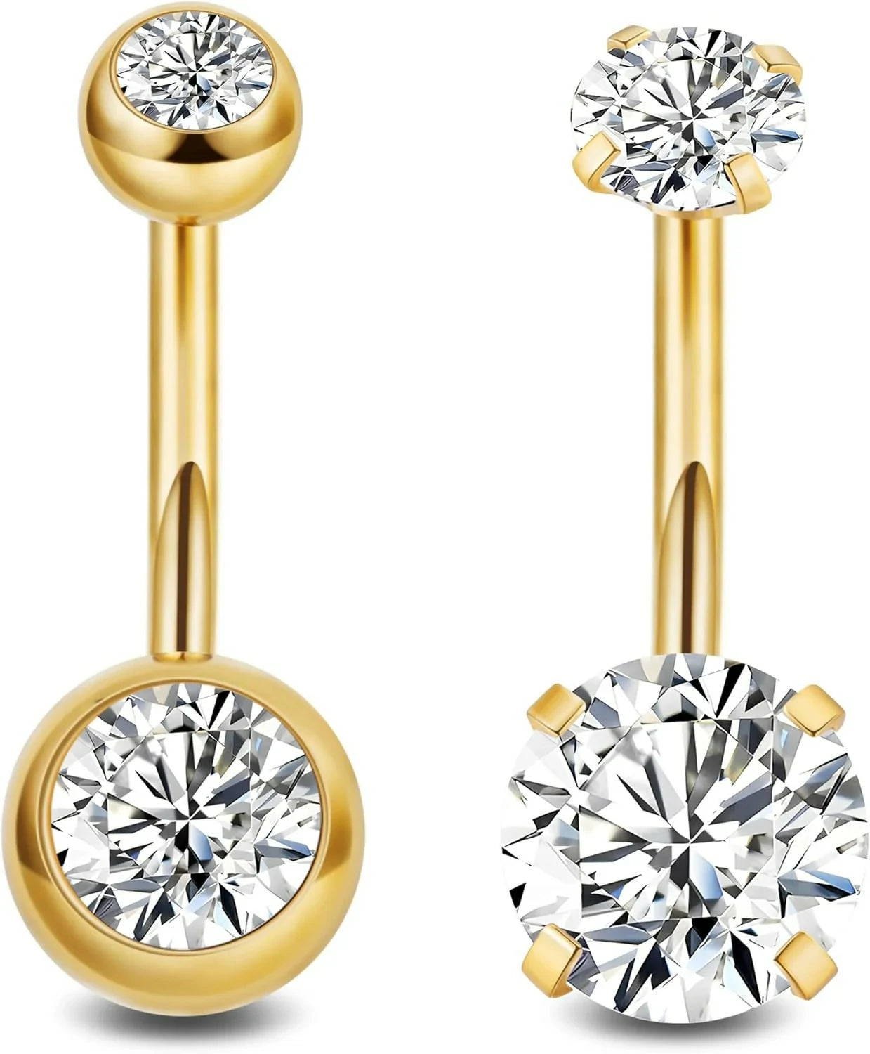 2PCS 14G Surgical Steel Belly Button Rings Round CZ Navel Ring Long Belly Rings