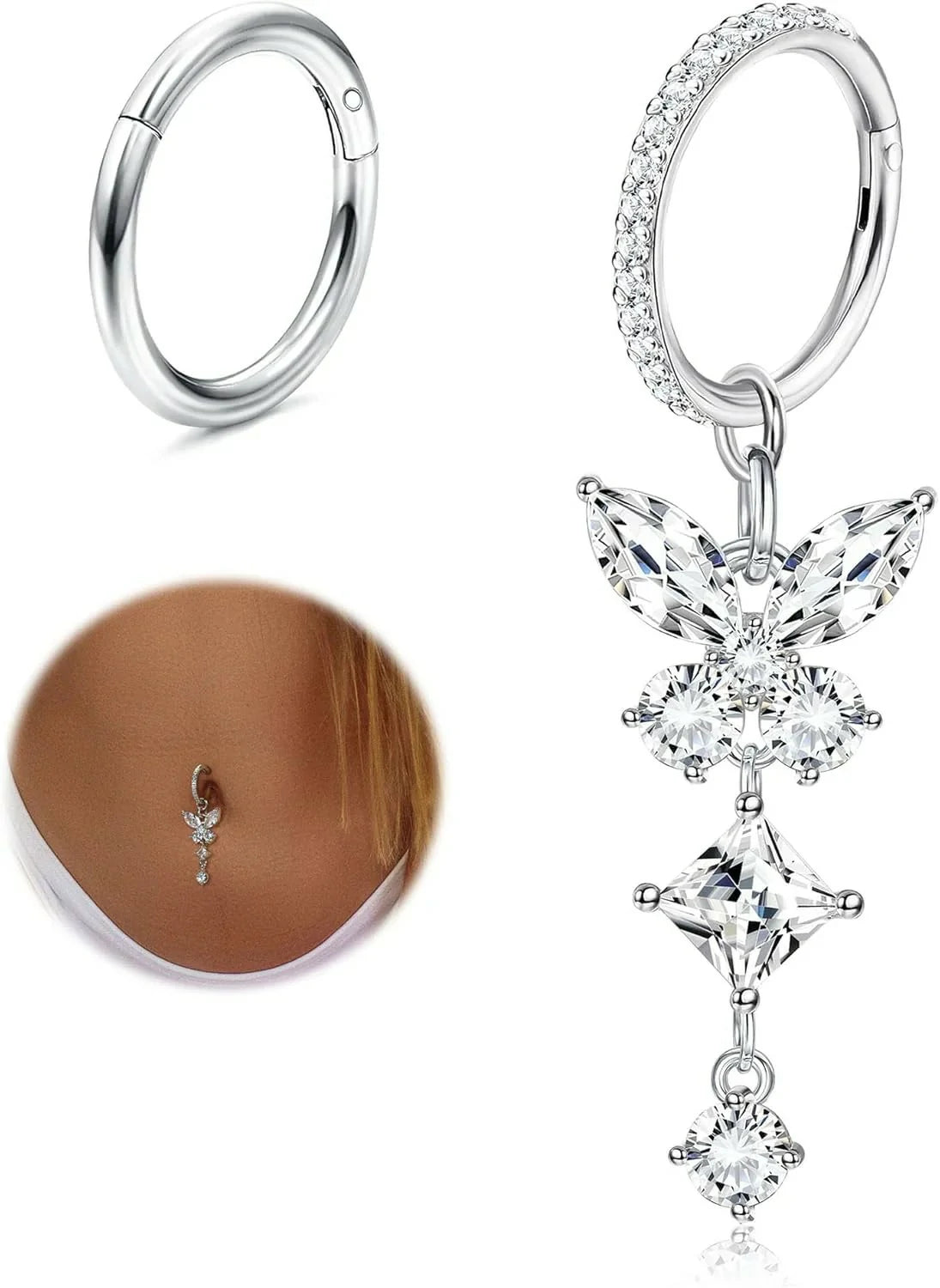 2Pcs Surgical Stainless Steel Clicker CZ Heart Butterfly Dangle Navel Rings Belly