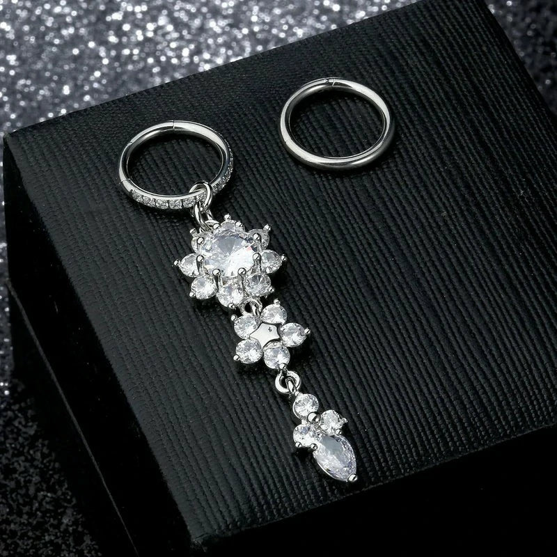2Pcs Surgical Stainless Steel Clicker CZ Heart Butterfly Dangle Navel Rings Belly
