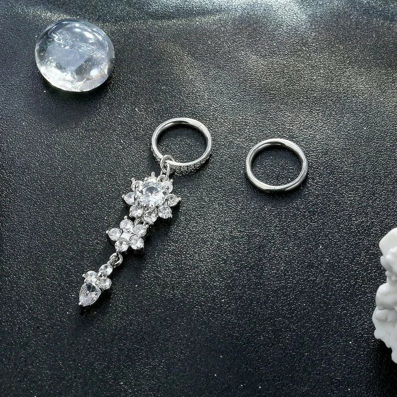 2Pcs Surgical Stainless Steel Clicker CZ Heart Butterfly Dangle Navel Rings Belly