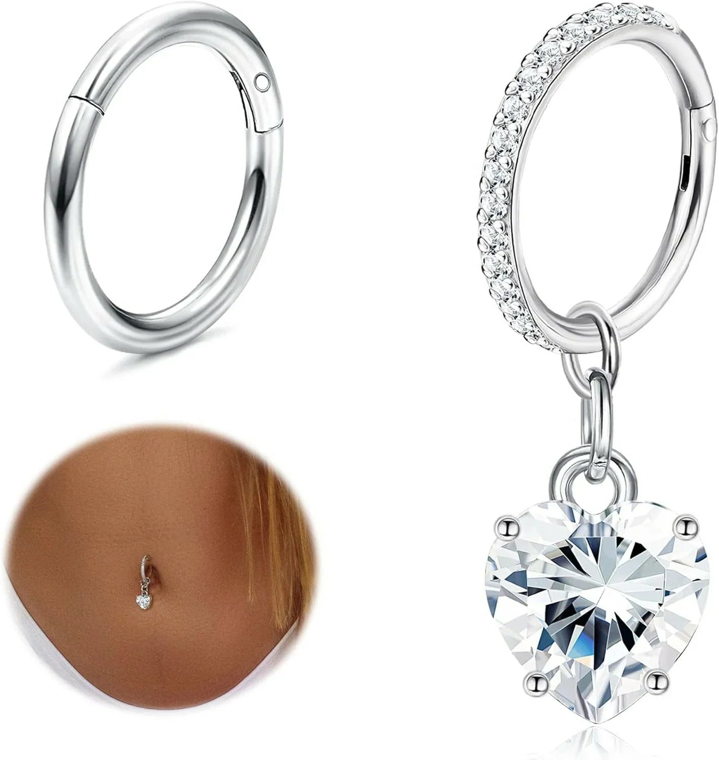 2Pcs Surgical Stainless Steel Clicker CZ Heart Butterfly Dangle Navel Rings Belly