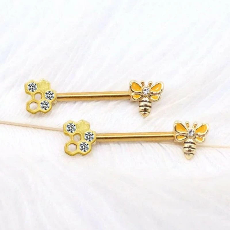 Butterfly Flower 14G Stainless Steel Piercing Nipple Rings Set Bee Flower Straight Barbell