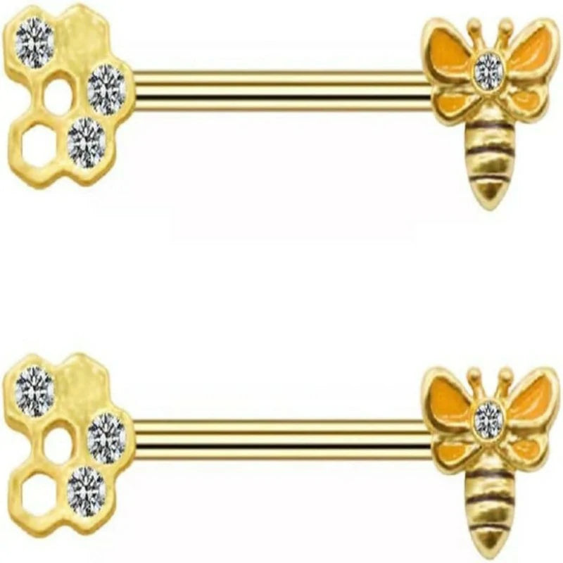 Butterfly Flower 14G Stainless Steel Piercing Nipple Rings Set Bee Flower Straight Barbell