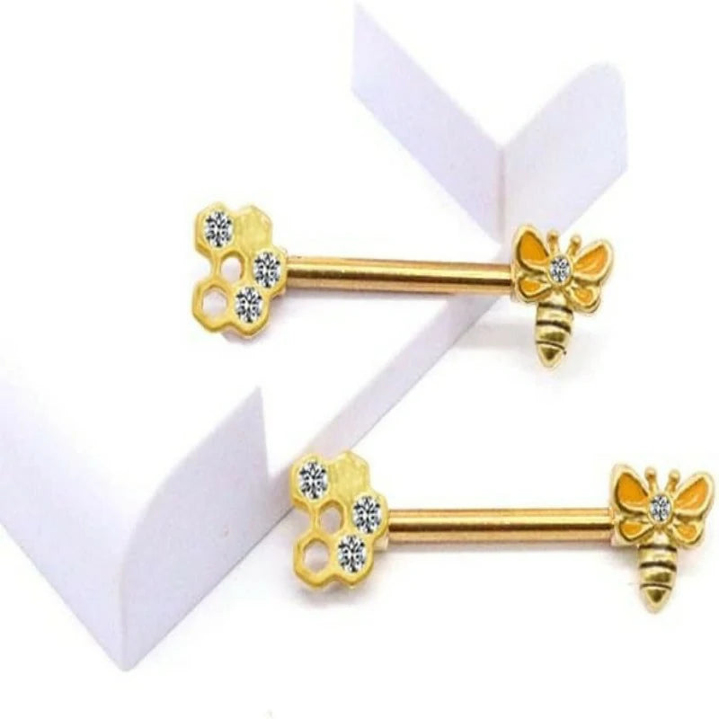 Butterfly Flower 14G Stainless Steel Piercing Nipple Rings Set Bee Flower Straight Barbell