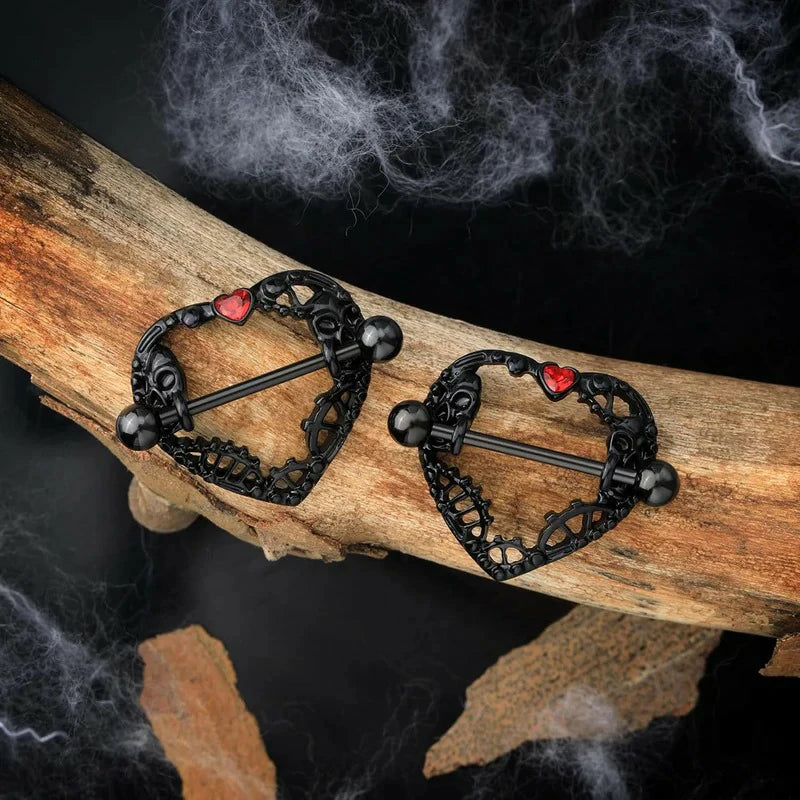 2pcs Halloween Heart Nipple Rings 14g Black Gothic Piercing Jewelry