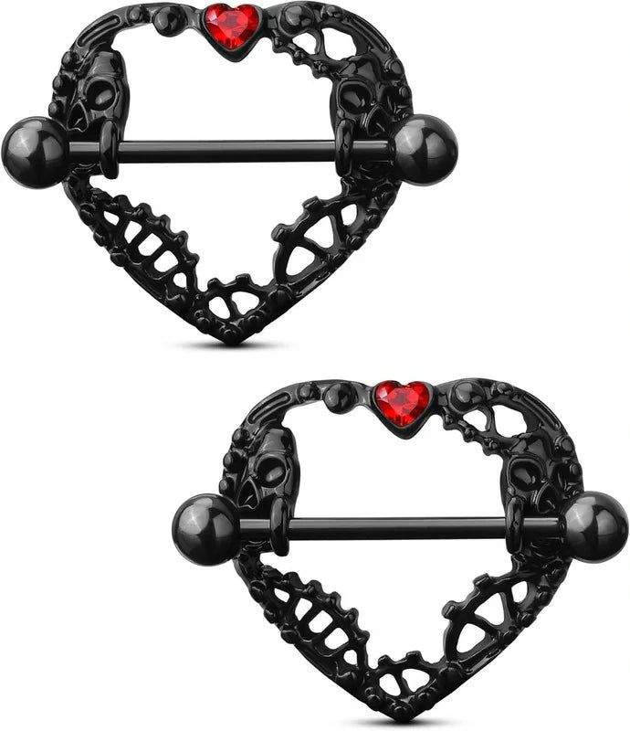 2pcs Halloween Heart Nipple Rings 14g Black Gothic Piercing Jewelry