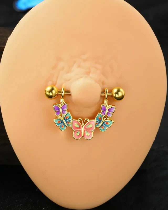 2PCS Nipple Rings, 14G Colorful Butterfly Nipple Piercing Jewelry, SurgicaSteel Nipplerings Body Piercing Jewelry