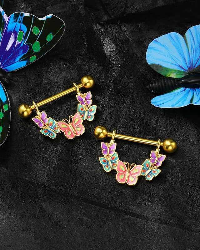 2PCS Nipple Rings, 14G Colorful Butterfly Nipple Piercing Jewelry, SurgicaSteel Nipplerings Body Piercing Jewelry