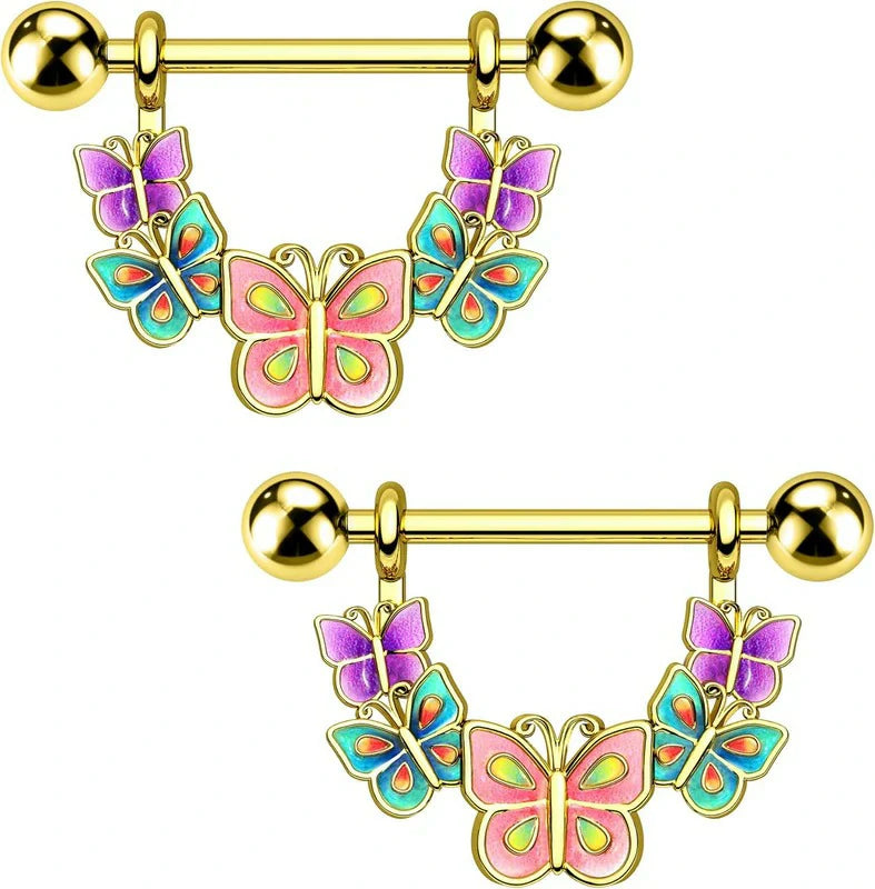 2PCS Nipple Rings, 14G Colorful Butterfly Nipple Piercing Jewelry, SurgicaSteel Nipplerings Body Piercing Jewelry