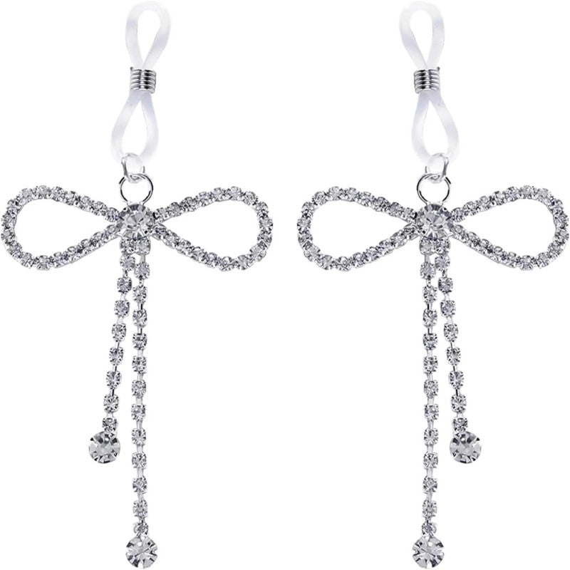 2Pcs Rhinestone Bowknot Fake Nipple Rings Non-Piercing Dangle Nipple Ring