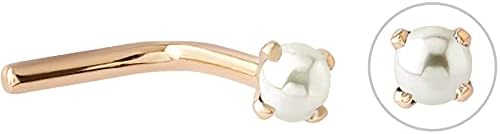3 mm Fresh Water Pearl 20 Gauge L - Shape Nose Stud 14k Yellow Gold Nose Ring - QIAO CrystalQIAO CrystalQIAO Crystal