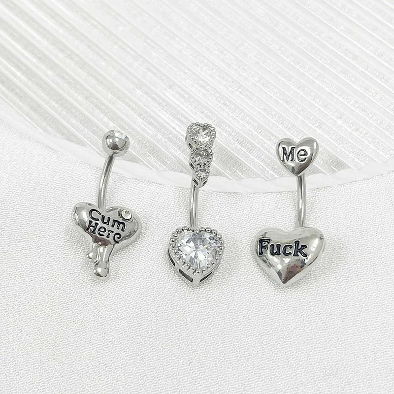 3 Pcs 14G Heart Belly Button Rings Stainless Steel Cum Here Naughty Words Love Heart Belly Naval Studs Curved Barbell Ring