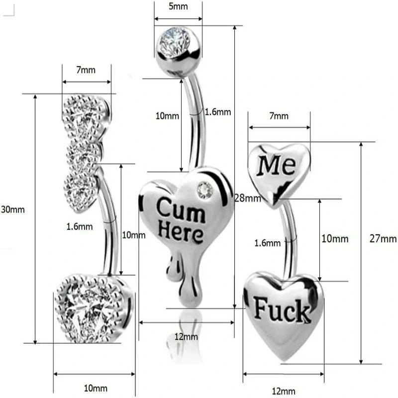 3 Pcs 14G Heart Belly Button Rings Stainless Steel Cum Here Naughty Words Love Heart Belly Naval Studs Curved Barbell Ring
