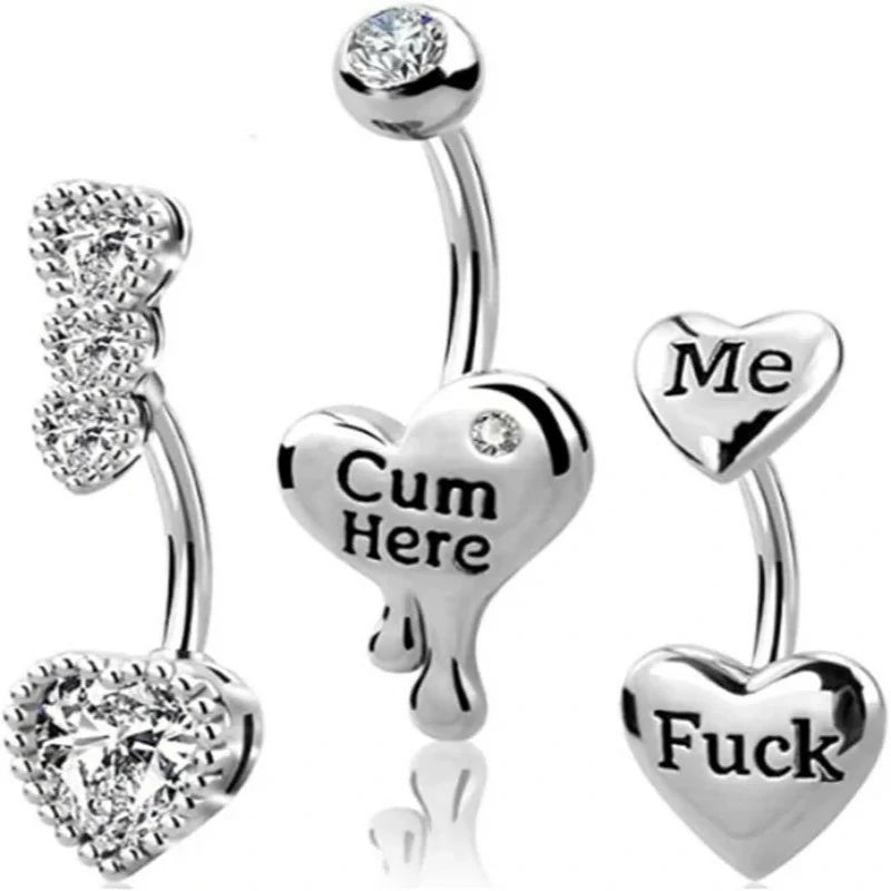 3 Pcs 14G Heart Belly Button Rings Stainless Steel Cum Here Naughty Words Love Heart Belly Naval Studs Curved Barbell Ring