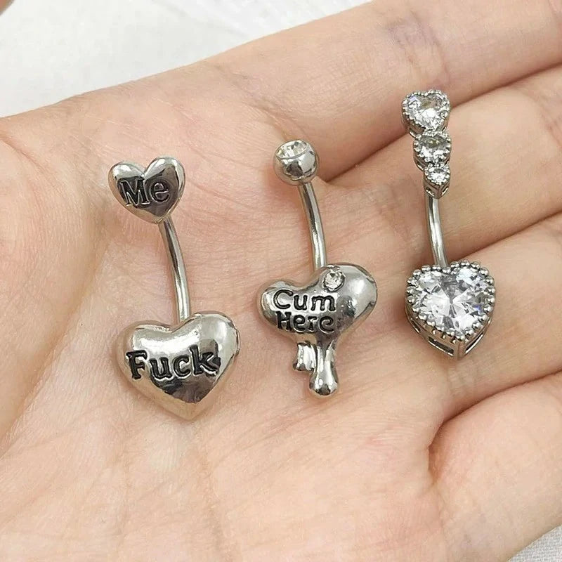 3 Pcs 14G Heart Belly Button Rings Stainless Steel Cum Here Naughty Words Love Heart Belly Naval Studs Curved Barbell Ring