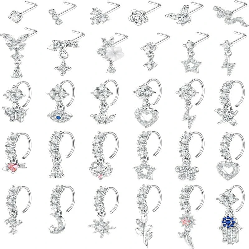 30Pcs 20G Dangle Nose Rings L Shaped Nose Studs Hoops