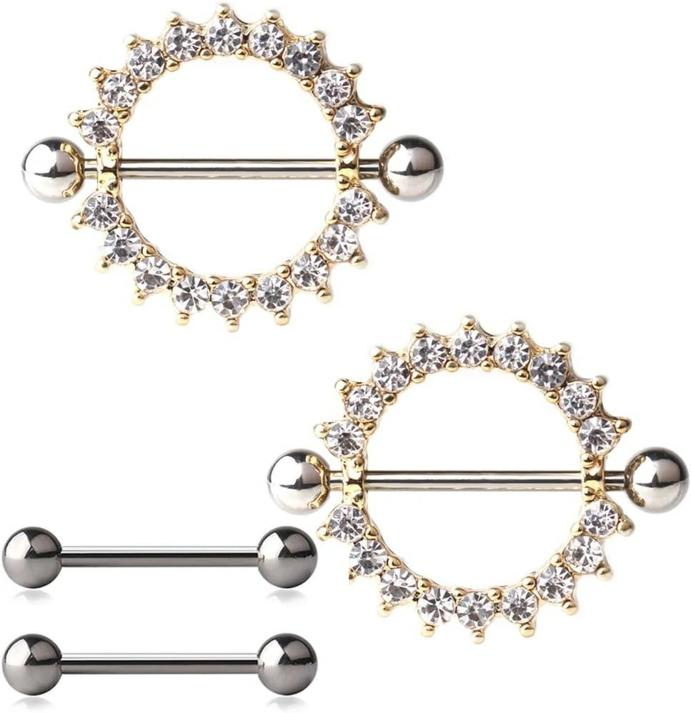 316L Stainless Steel Round CZ Gem Nipple Shield Ring & Nipple Barbell Bar Retaine