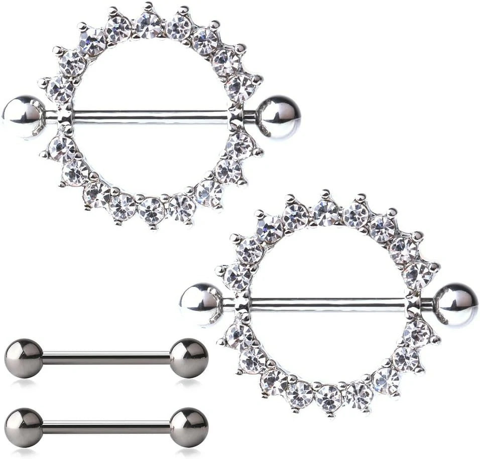 316L Stainless Steel Round CZ Gem Nipple Shield Ring & Nipple Barbell Bar Retaine